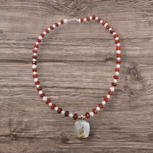 Elegant Jade, Blue Opal, and Moonstone Beaded Necklace with Calcite Pendant